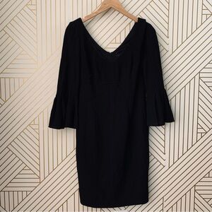 David meister v neck front & back bell sleeve structured dress pleated neckline